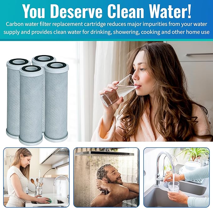 CFS – 4 Pack Radial Flow Carbon Water Filter Cartridges Compatible with CB3, GE FXUVC, FXULC, CBC-10 Models – Removes Bad Taste – Whole House Replacement Filter Cartridge – 0.5 Micron – 10" x 2.5"