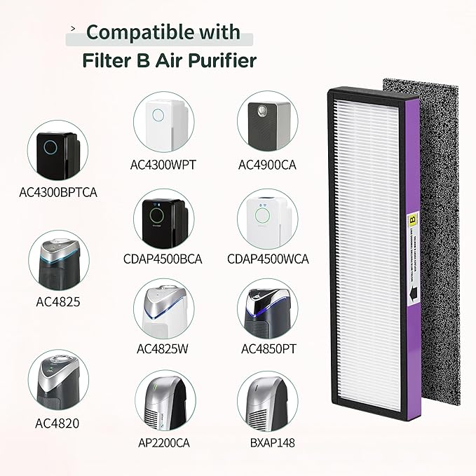 FLT4850PT HEPA Filter B Replacement Compatible with Guardian Technologies Filter B for Models AC4850PT, AC4825, AC4300BPTCA, CDAP4500BCA, AC4820, AC4900 and More, 2x H13 HEPA + 6x Pre-Filters