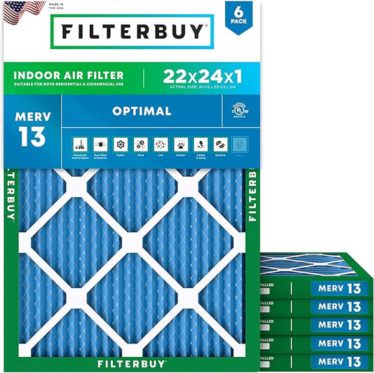 Filterbuy 22x24x1 Air Filter MERV 13 (MPR 1900) Health Defense Replacement (6-Pack), Electrostatic Pleated HVAC AC Furnace Filters, Made in USA (Actual Size: 21.50 x 23.50 x 0.75)