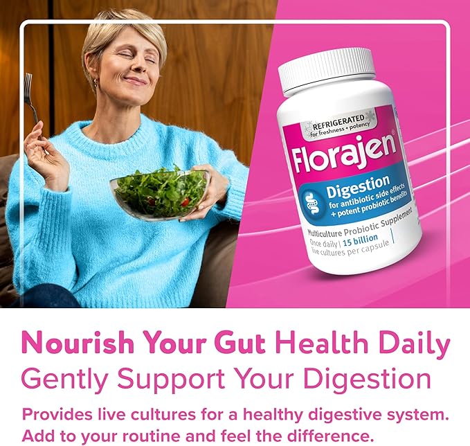 Florajen Digestion Probiotic - Gut Health Supplement for Bloating, Constipation, & Digestive Relief - 15 Billion Live Cultures - Multi-Strain Formula - Refrigerated for Freshness - 90-Count
