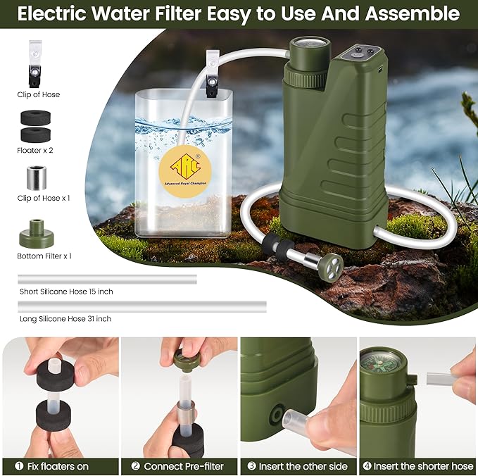 Electric Portable Water Filter Survival,Fast Flow,Lightweight,4-Layer Filtration Provide Better Tasting,Reusable Water Purification System for Outdoor Travel,Camping,Hiking,Backpacking