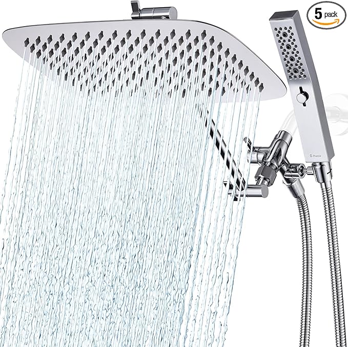 G-Promise All Metal 12 Inch Dual Square Shower Head with Handheld Spray Combo, Rain Shower Head, Adjustable Extension Arm, 3-Way Diverter, 71 Inch Extra Long Hose - A Bathroom Upgrade (Chrome)