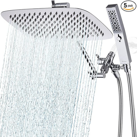 G-Promise All Metal 12 Inch Dual Square Shower Head with Handheld Spray Combo, Rain Shower Head, Adjustable Extension Arm, 3-Way Diverter, 71 Inch Extra Long Hose - A Bathroom Upgrade (Chrome)