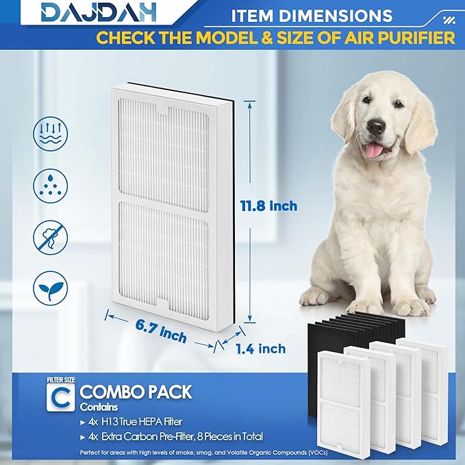Idylis Air Purifier Replacement Filter C for Idylis Air Purifier IAP-10-200 IAP10200 [C+C] IAP-10-280 IAP10280 [C+D] and LOWESRAPF-C-4 with Idylis Air Filters IAF-H-100C, 4 HEPA & 8 Carbon Pre-filter