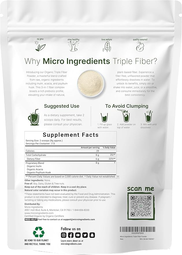 Micro Ingredients Organic Triple Fiber Powder, 2lb | Natural Prebiotic to Support Digestive & Gut Health | Soluble, Easily Digestible | Unflavored, Vegan