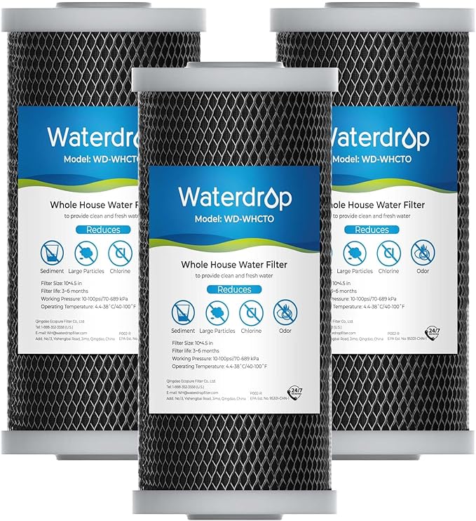 Waterdrop Whole House CTO Carbon Sediment Water Filter Cartridge Replacement for GE® FXHTC, GXWH40L, W10-PR, Culligan® RFC-BBSA,10"X4.5", 5 Micron, 3Pack
