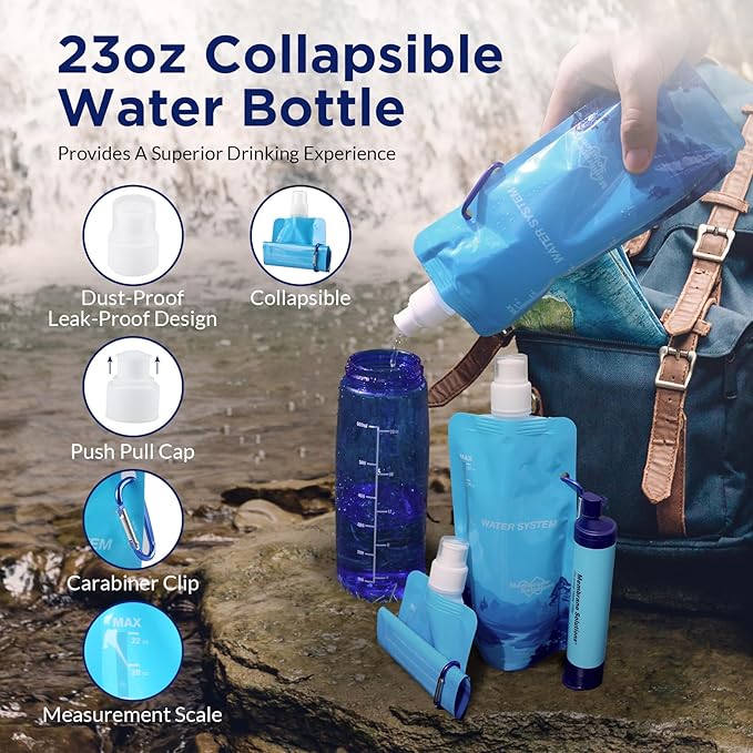 Membrane Solutions Squeezable Water Filtration System, Survival Water Purifier Kit, Portable Backpacking Gear Including Water Filter Straw and 23oz Collapsible Bottle for Hiking Camping Travel(4+4)
