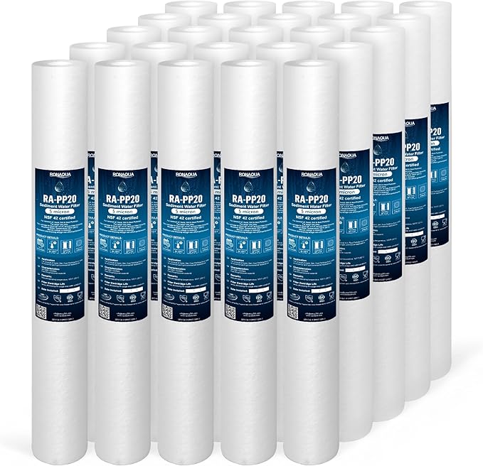 Ronaqua 5 Micron Standard 20" x 2.5" Sediment Water Filter Cartridge, NSF Certified, 4-Layer Filtration for 20” x 2.5” Whole House Systems, Compatible with FPMB5-20, SDC-25-2005/4, VX05-20, 25 Pack