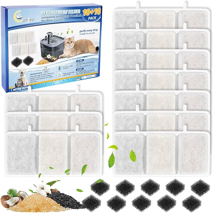 20PCS Filters Compatible with Petory Cat Water Fountain - 74oz/2.2L Automatic - 10PCS Cat Fountain Filter Replacement & 10PCS Foam Filter