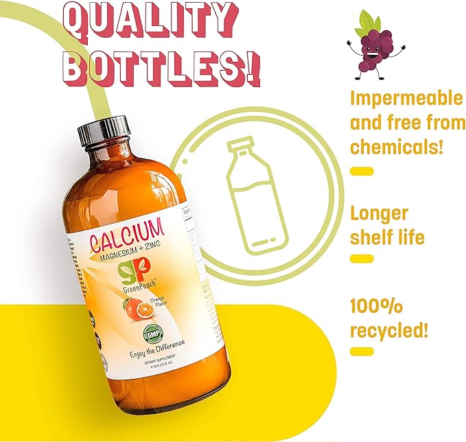 GreenPeach Organic Liquid Calcium for Kids - Magnesium, Zinc, Calcium Citrate & Vitamin D3 Calming Syrup & Liquid Calcium Supplement, NO Sugar NO Artificial Flavors, Vegetarian Halal Kosher
