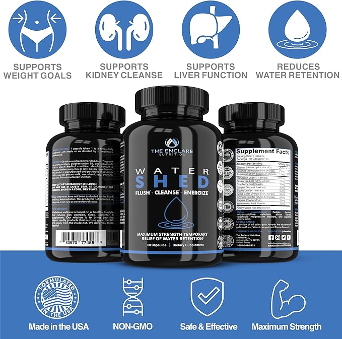 THE ENCLARE NUTRITION|Water Pills Diuretic for Water Retention, Detox, Liver, Kidney, Weight, Swelling/Bloating Relief. Green Tea, Cranberry, Apple Cider Vinegar, Dandelion, Vitamin B6, Chloride (3)