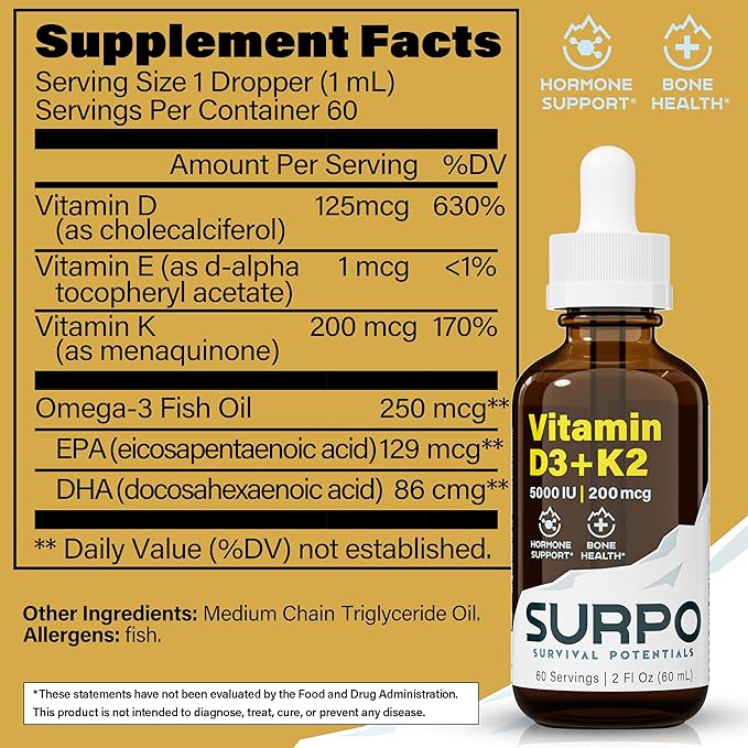 Vitamin D3 + K2 Liquid Drops with Omega 3 Oil - 5000 IU Vitamin D Drops K2 for Hormone Support & Bone Health - Liquid Vitamin D3 with K2 Drops for Maximum Absorption - 2Fl Oz Vitamin K2 D3