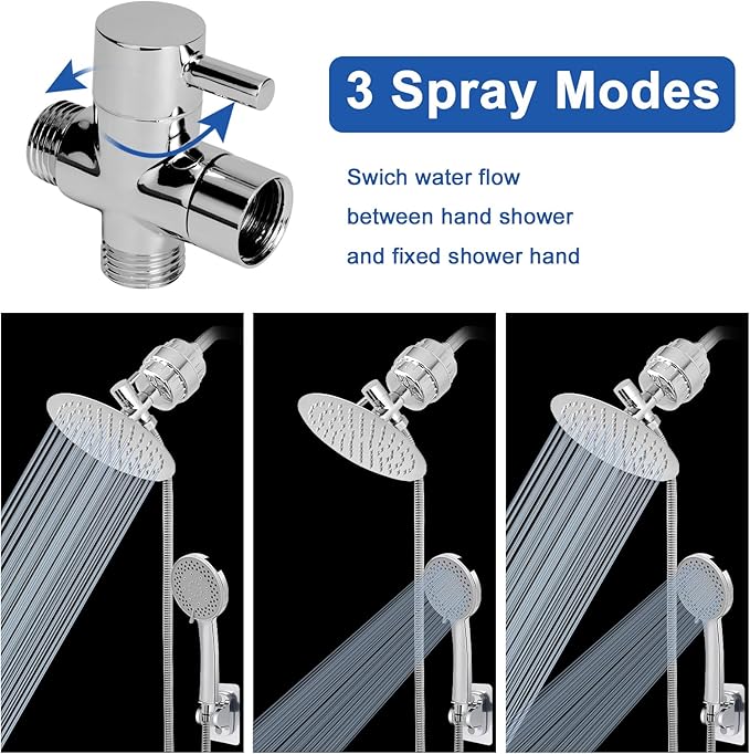 NearMoon Filtered Shower Head, High Pressure 8″Round Rain Shower and 5 settings Handheld Shower Filter Combo with Self-adhesive Holder/1.5M Hose -1 Replaceable Filter Cartridge (Chrome Finish)