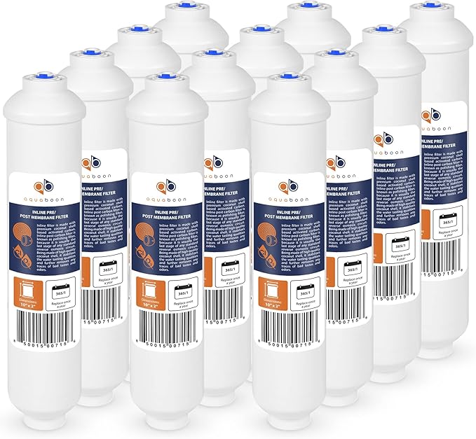 Aquaboon T33 Inline Post Activated Carbon Water Filter for Refrigerator, Ice Maker w/Quick Connect for 1/4 Water Line Compatible with ICF-10, 12-Pack