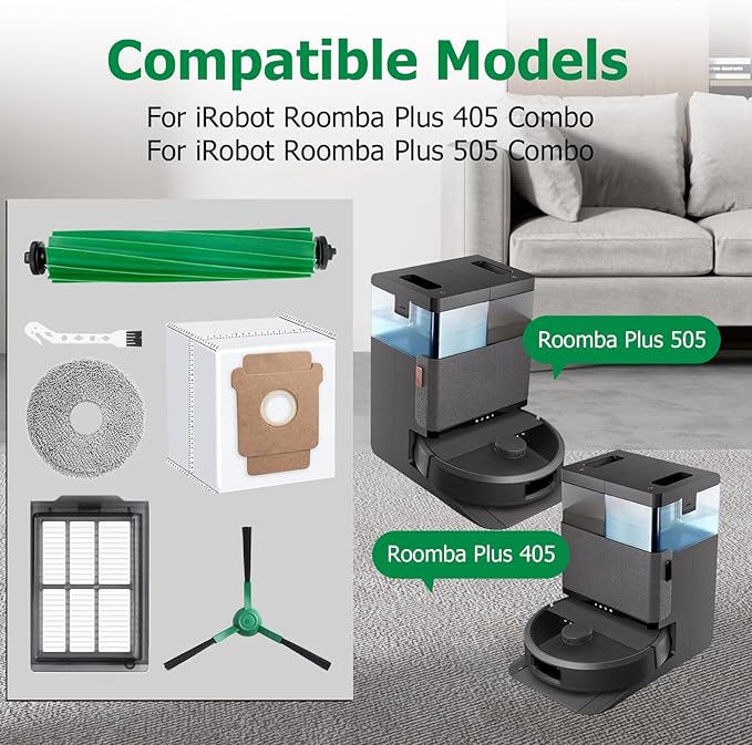 27 Pack Replacement Accessories Kit for iRobot Roomba Plus 405 Combo, Plus 505 Combo Robot,include 2 Main Brushes,6 Dust Bags,6 Mop Pads,4 Filters,8 Side Brushes,1 Cleaning Brush