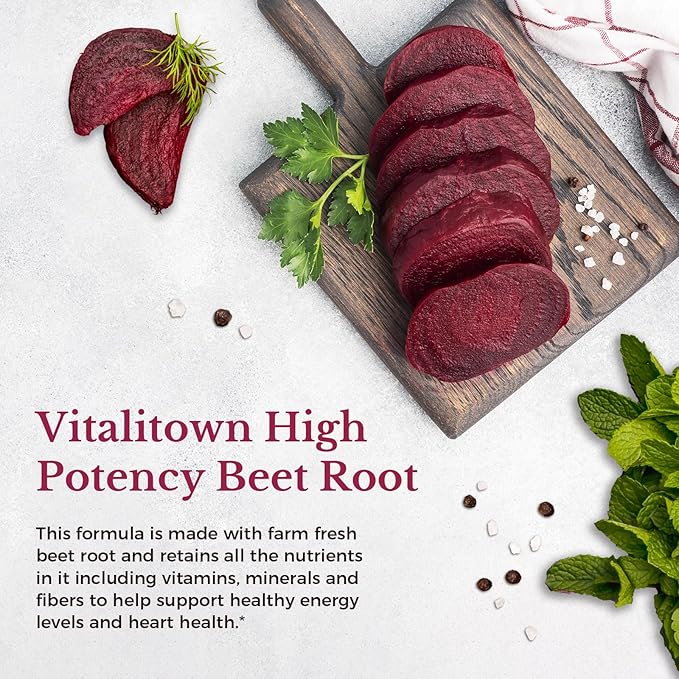 Vitalitown Beet Root Capsules 1300 mg with Organic Beet Root, Natural Nitric Oxide Booster, Superfood for Healthy Heart & Energy Levels, High Potency Supplement, 60 Vegan Capsules, Non-GMO