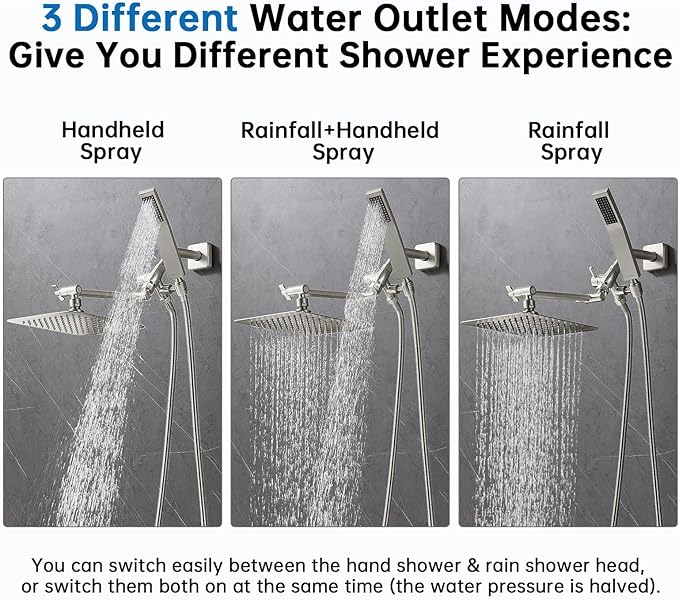 G-Promise All Metal 8 Inch Dual Square Shower Head with Handheld Spray Combo, Rain Shower Head, Adjustable Extension Arm, 3-Way Diverter, 71 Inch Extra Long Hose - A Bathroom Upgrade (Brushed Nickel)