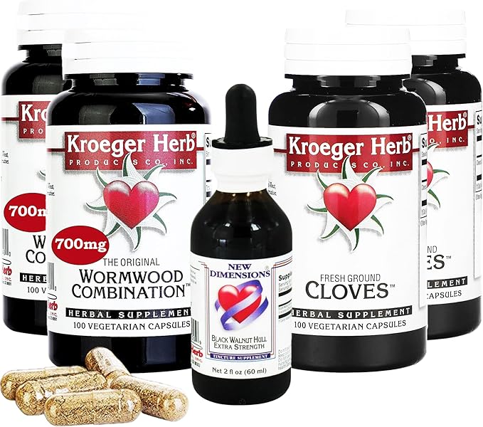 Kroeger Herb Products, Wormwood Herb Supplement Kit, Black Walnut, Clove, Quassia, Worm Wood Detox Cleanse - Capsules, Non-GMO, Gluten Free, No Preservatives or Fillers, Made in USA