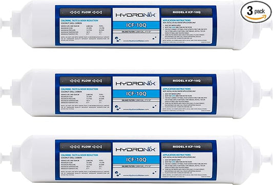Hydronix ICF-10Q/3 Inline Post Activated Carbon Water Filter Replacement Cartridge with 1/4-Inch Quick Connect for Refrigerator, Ice Maker, RO Reverse Osmosis System, 2000 Gallons (3 Pack)