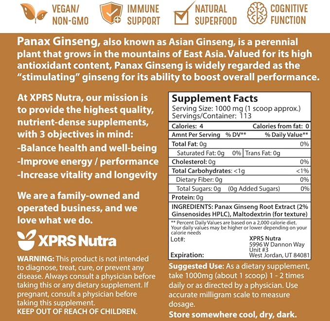 XPRS Nutra Ginseng Root Extract Powder - Ginseng Powder Supports Cognitive Function, Physical Performance, and Immune System - Vegan Friendly Panax Ginseng in Powder Form (4 Ounce)