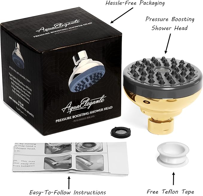Pressure Boosting Shower Head - High Pressure Water Saver Showerhead Best For Low Flow Showers, 2.5 GPM - Polished Brass