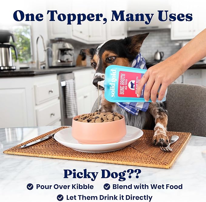 Solid Gold Beef Bone Broth for Dogs - Limited Ingredient Bone Broth Dog Food Toppers for Picky Eaters with Collagen & Superfoods - Dog Gravy Topper for Dry Food - Gut Health & Hydration - 12 Pack