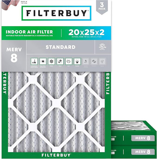 Filterbuy 20x25x2 Air Filter MERV 8 Dust Defense (3-Pack), Pleated HVAC AC Furnace Air Filters Replacement (Actual Size: 19.50 x 24.50 x 1.75 Inches)