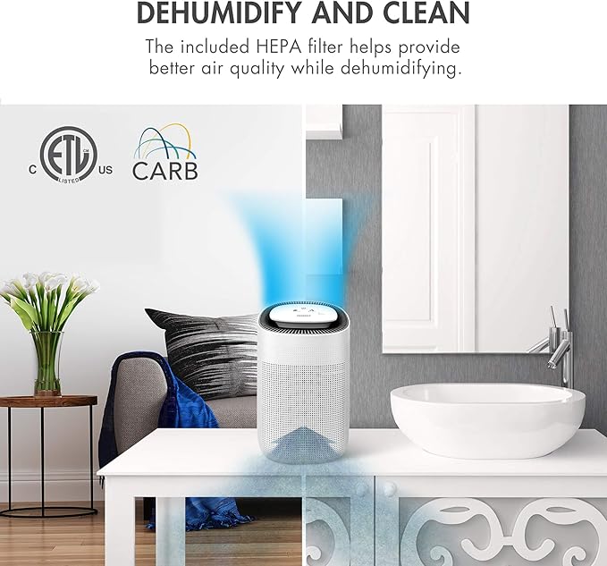 Tenergy Sorbi 1000ml Air Dehumidifier w/Purifying Function, True HEPA Filter, Auto Shutoff, Touch Control Adjustable Air Speed, Ultra-Quiet, Ideal for Closets & Bathrooms
