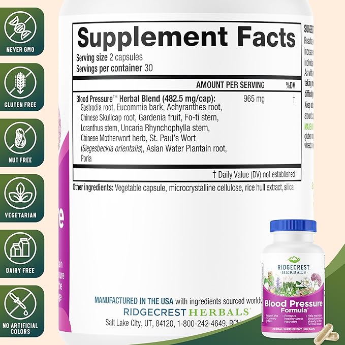 RidgeCrest Herbals Blood Pressure Herbal Formula, 12 Herbs, Poria Mushroom, Gastrodia, Gardenia, for Heart, Vascular, Circulation Health (60 Count (Pack of 1))