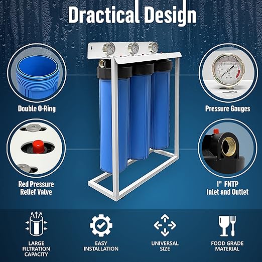 3 Stage High Capacity 20” Blue Whole House Water Filter System, Freestanding Steel Frame, Sediment, GAC+KDF & Carbon Cartridges, Presser Relief Button, 1” Brass Port, Pressure Gauges, Double O-Ring