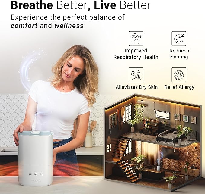 MIKO Ultrasonic Humidifiers for Large Room & Bedroom- Water Filter, Auto Mode, No Leak Design, Sleep Mode, Built-in Timer, Humidifier for Babies & Home,