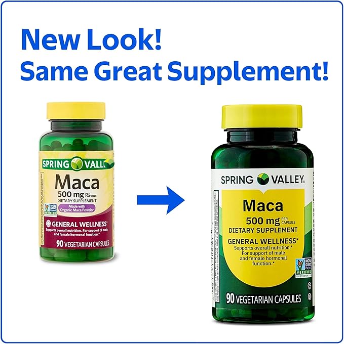 Maca Root 500 mg Capsules • General Wellness & Vitality Support • Vegetarian • 90 Count by Spring Valley + Vena’s Sticker (Pack of 2)