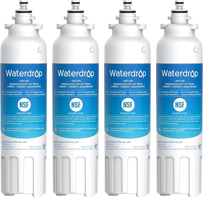 Waterdrop ADQ73613401 Refrigerator Water Filter, Replacement for LG® LT800P®, ADQ73613408, ADQ75795104, ADQ73613402, Kenmore 9490, 46-9490, LSXS26326S, LMXC23746S, LSXS26366S, WD-F20, Pack of 4