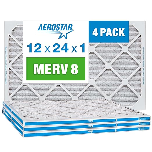 Aerostar 12x24x1 MERV 8 - 4 Count - High Efficiency Pleated HVAC, Furnace & Air Conditioner Filters - Removes Dust, Lint, Mold & Allergy-Causing Pollen
