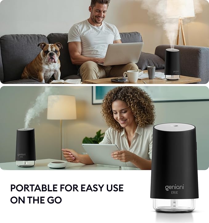 GENIANI Portable Small Cool Mist Humidifier – USB Powered (Not Rechargeable), Compact Desktop Humidifier for Plants, Office, Baby Room – Auto Shut Off & Night Light – Black, 0.25L