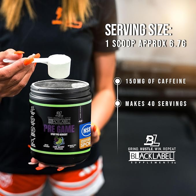 BLACKLABEL Supplements PRE-Game Pre Workout Powder, Lime Rickey (40 Servings) – NSF Certified for Sport – Customizable 150mg Caffeine for Energy and Focus – Low-Stimulant Pre Workout for Men and Women