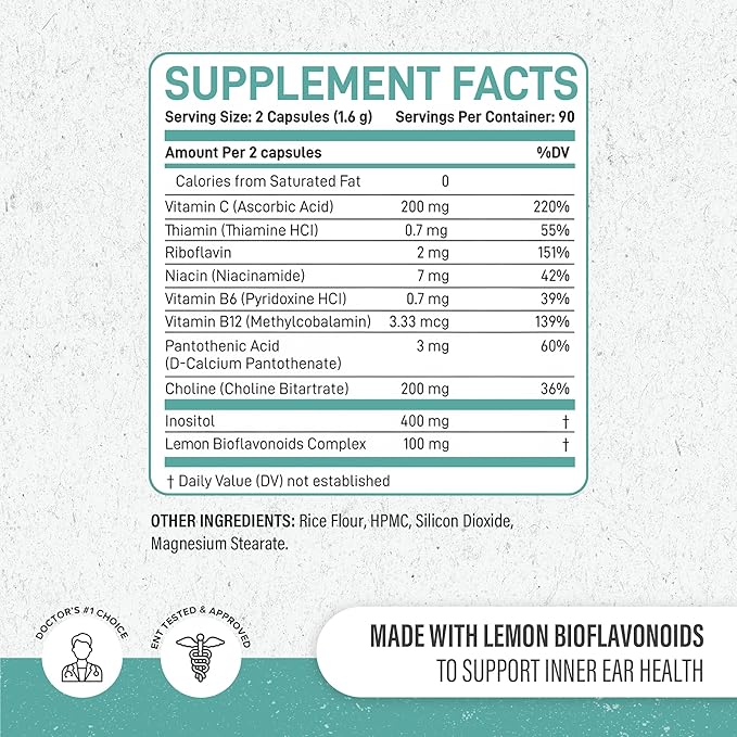 Tinnitus Relief Pills for Ringing Ears & Ear Health | Extra Strength Tinnitus Supplement with Bioflavonoids, B12 & Inositol | Supports Sleep, Focus & Auditory Clarity | 60 Caplets | 2 Daily Dose