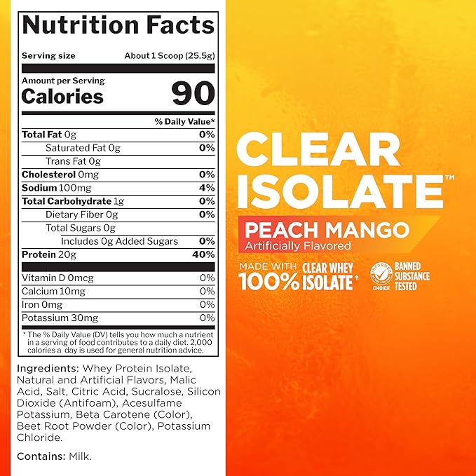 Rule 1 Clear Whey Isolate - 20g All-whey Isolate Protein, Over 9g EAAs, 300mg of Electrolyte Minerals, 90 Calories, Light, Crisp, and Refreshing Taste (27 Servings, Peach Mango)