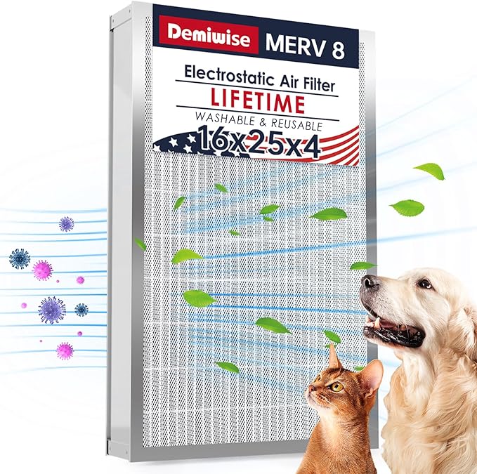 16x25x4 Resuable & Washable Electrostatic Air Filter Allergen Defense, MERV 8 Aluminum AC/HVAC Furnace Filter Replacement, Lasts a Lifetime（Actual Size:15.35"x24.72"x3.58")