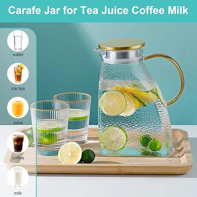 Glass Water Pitcher with Lid, High Borosilicate Heat Cold Resistant Carafe, 1.8L/63oz Capacity, Leakproof Fridge Door Carafe, Ice Tea Jug, Lemonade Pitcher For Fridge