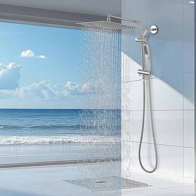 All Metal 10 Inch Rain Shower Head with Handheld Spray Combo, High Pressure Waterfall Rainfall Square Shower Heads with 16" Adjustable Extension Arm, Dual Showerhead with 3-Way Diverter,Brushed Nickel
