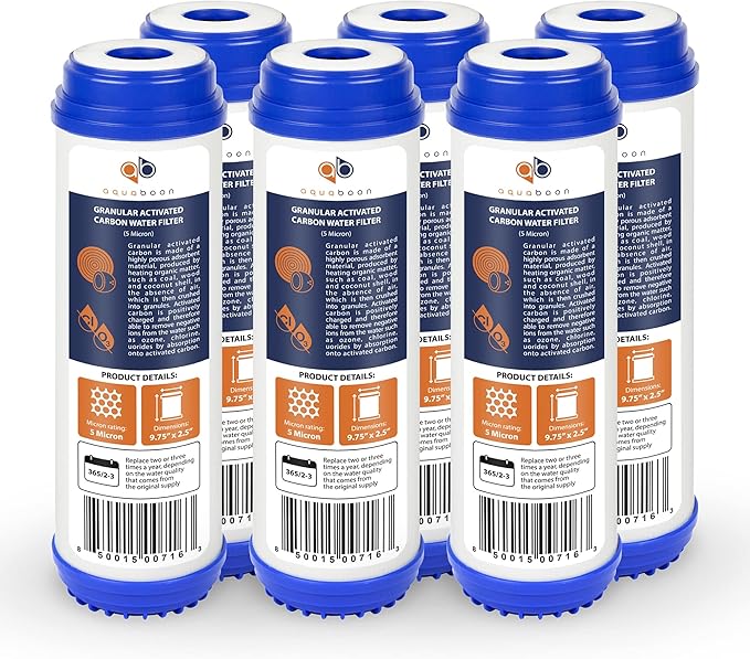 Aquaboon 5 Micron 10 x 2.5 Granular Activated Carbon Water Filter Cartridge GAC Water Filter Replacement Compatible with AP117, GAC-10, GAC1, 6 Pack