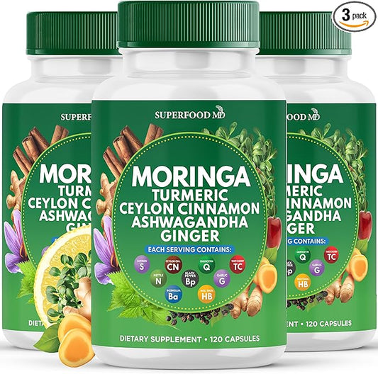 Moringa Supplement | Turmeric, Ginger, Boswellia, Saffron, Holy Basil, Nettle -Support Supplement for Women and Men with Ceylon Cinnamon, Quercetin, Tart Cherry - 360 Capsules