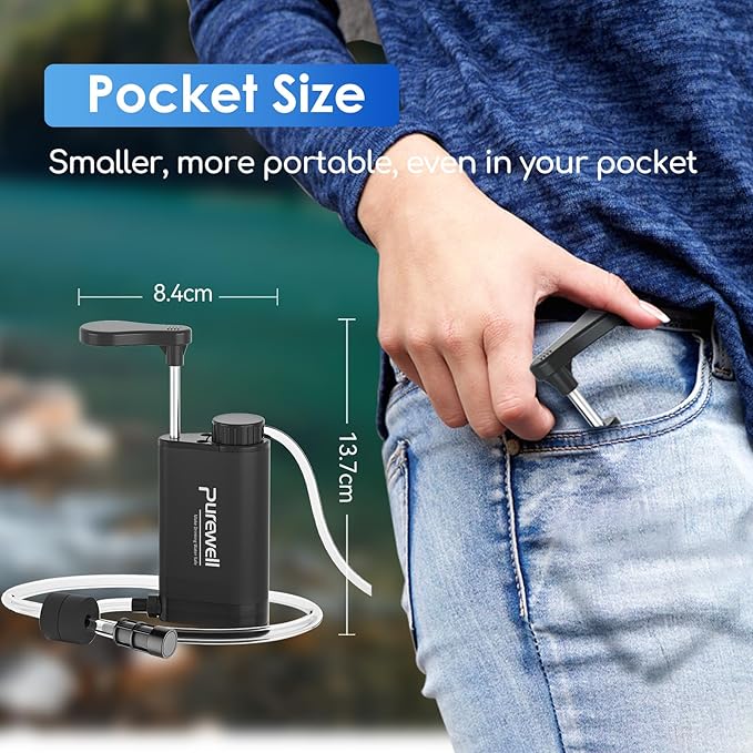 Purewell Water Purifier Pump with Replaceable Carbon 0.01 Micron Water Filter, 4 Filter Stages, Portable Outdoor Emergency and Survival Gear - Camping, Hiking, Backpacking