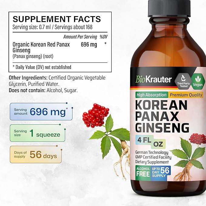 BIO KRAUTER Korean Red Ginseng Extract Liquid - Alcohol & Sugar Free Panax Ginseng Supplement - Vegan Immune Support Supplement - 4 Fl. Oz.
