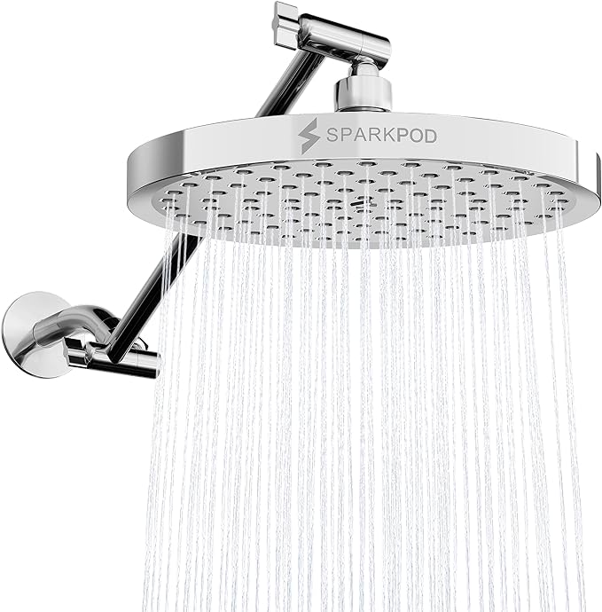SparkPod Round Rain Shower Head with Shower Head Extension Arm - High Pressure Rain - Luxury Modern Look - No Hassle Tool-less 1-Min Installation (11" Shower Arm Extension, Luxury Polished Chrome)