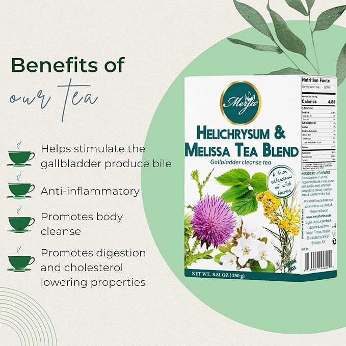 Merja Herbs Helichrysum & Melissa Tea - Gall bladder Support & Cleanse - Caffeine Free - 100% Natural & Premium Quality 250gr 8.82 oz