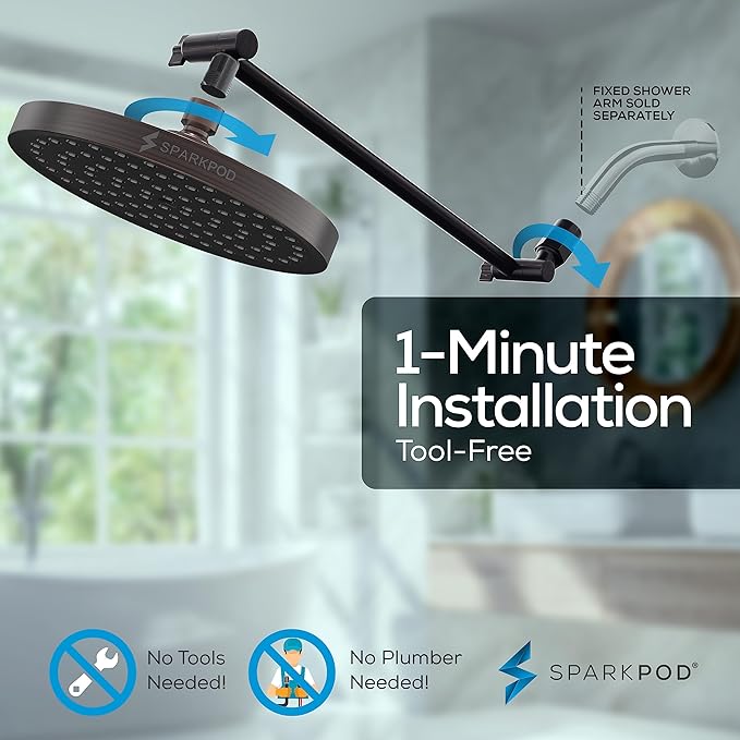 SparkPod Round Rain Shower Head with Extension Arm - Height Adjustable Shower Head with High Pressure Performance - Easy 1-Minute Installation (16" Arm Extension, Vintage Oil-Rubbed Bronze)