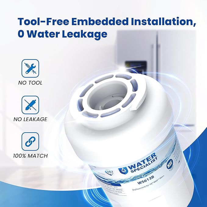 Waterspecialist WS613B Replacement for GE® MWF®, SmartWater® MWFP, MWFA, GWF, HDX FMG-1, WFC1201, GSE25GSHECSS, PC75009, RWF1060 Refrigerator Water Filter, 2 Filters