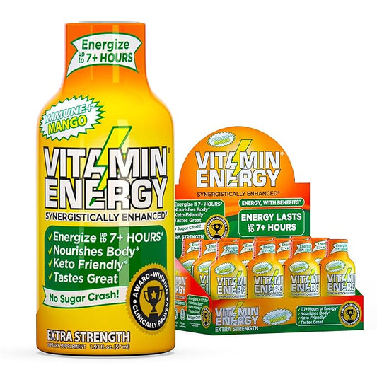 Vitamin Energy Immune+ Extra Strength Energy Shot Mango 12 Pack, 260mg Natural Caffeine, B-Vitamins, Citicoline, Green Tea, Immunity & Focus Support, Zero Sugar, Gluten-Free 1.93 fl oz